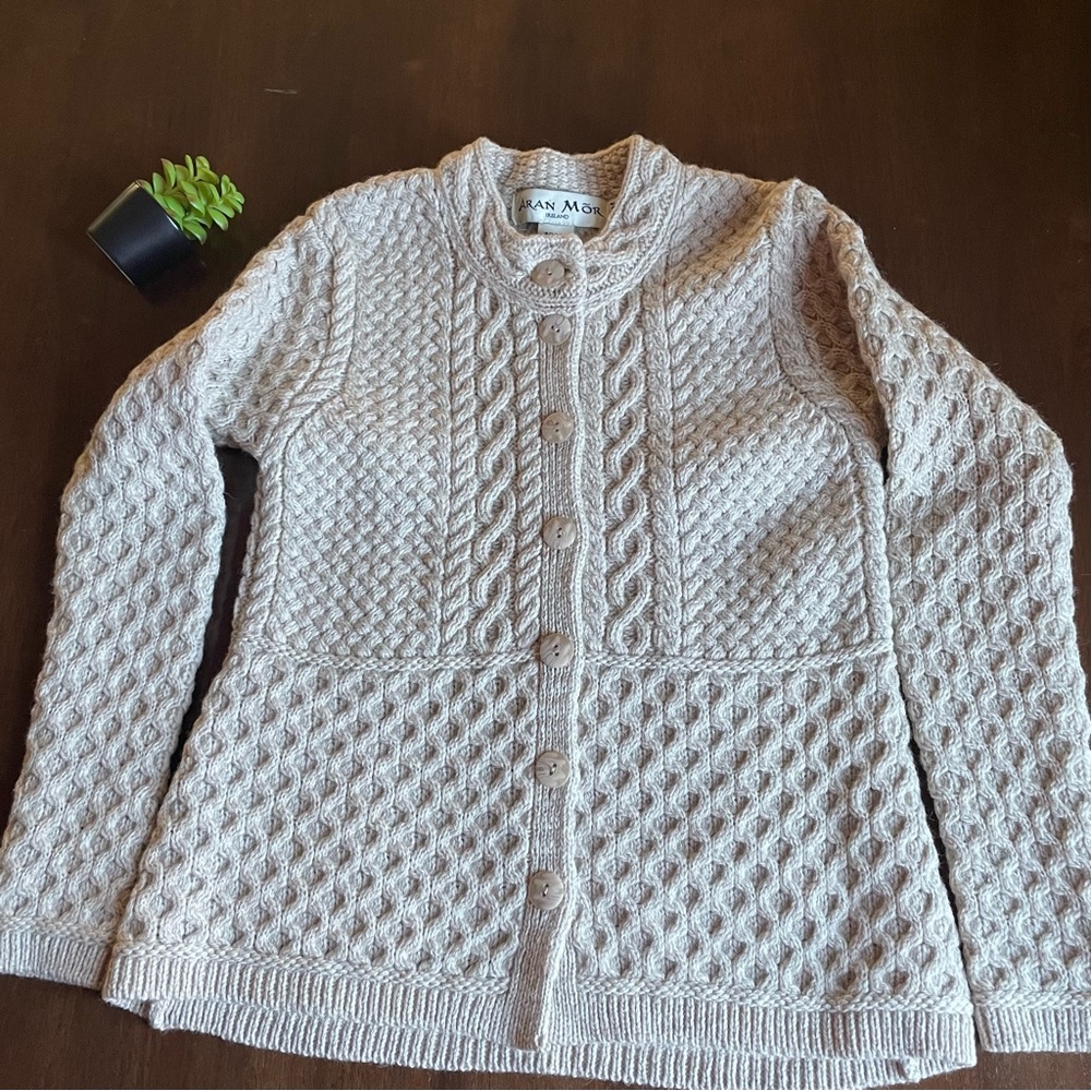 Aran Mor Irish Fisherman Merino Wool Cable Knit Seven Button Cardigan Sweater